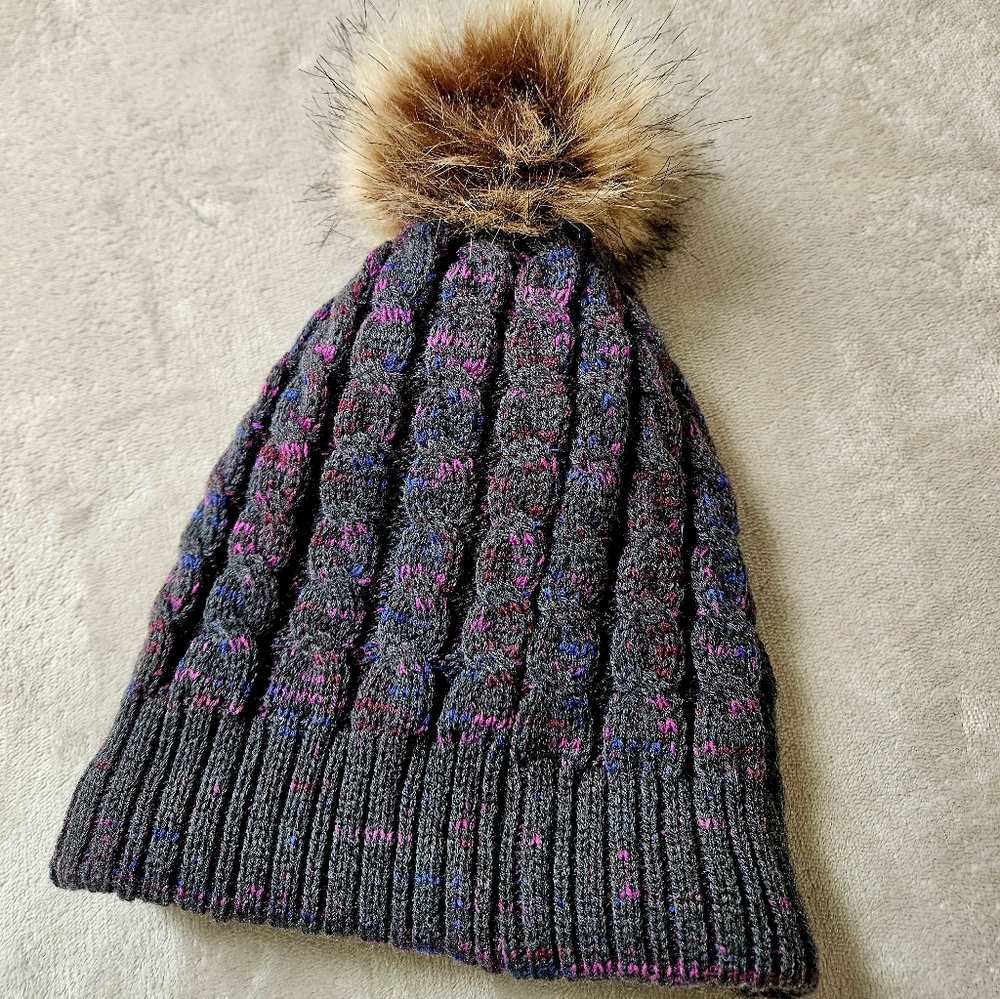 Scala Handmade Cableknit Hat Faux Pom Pom Gray, Pink, And Blue